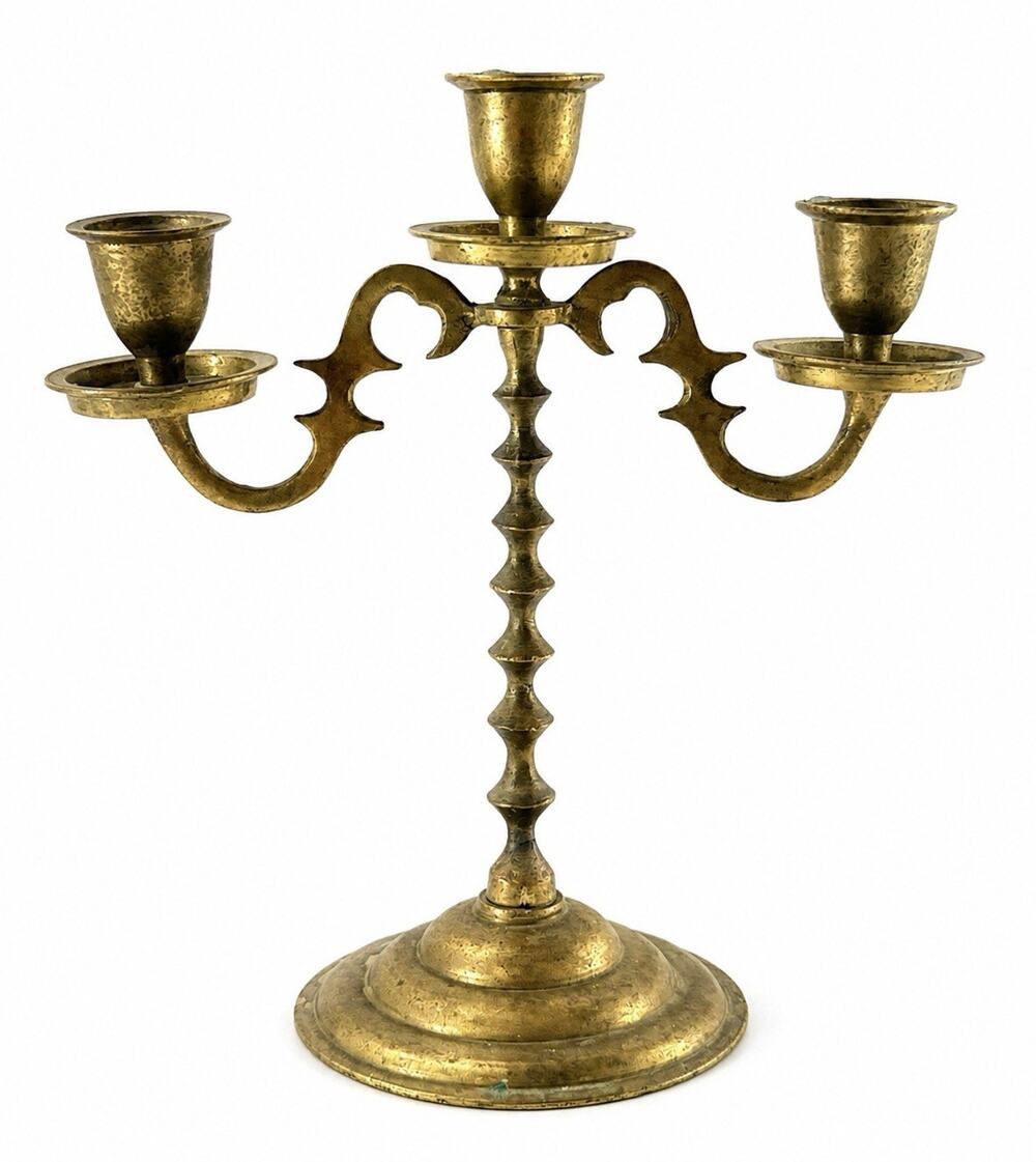 Vintage Brass 3 Arm Candelabra Candlestick Holder Gothic Spanish Colonial 7.5”